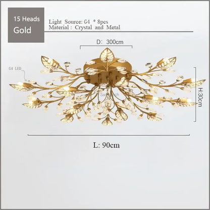 Gold leaf crystal ceiling chandelier led with 15 g4 led light heads for living room decorbites crystal ceiling