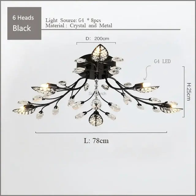 Black crystal and metal decorbites crystal ceiling chandelier with six leaf-shaped heads for living room lighting