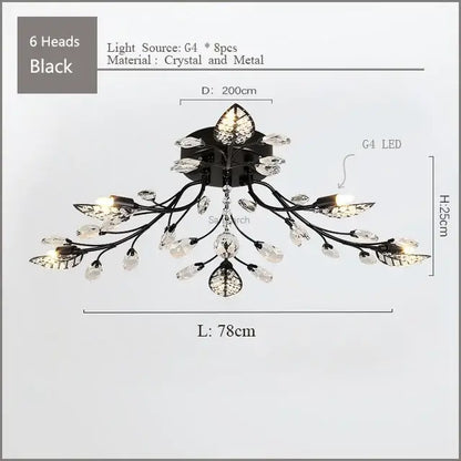 Black crystal and metal decorbites crystal ceiling chandelier with six leaf-shaped heads for living room lighting