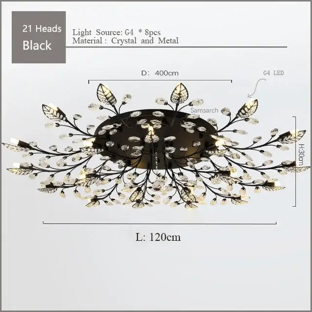 Black crystal and metal decorbites crystal ceiling chandelier with 21 leaf-shaped LED heads for living room lighting