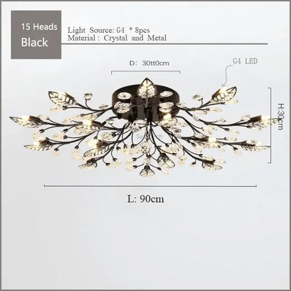 Black crystal and metal decorbites crystal ceiling chandelier with 15 illuminated leaf-shaped heads for living room