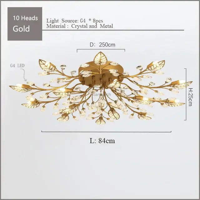 Gold leaf crystal ceiling chandelier led with crystal accents and ten g4 led bulbs for living room decorbites crystal ceiling