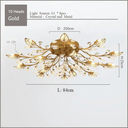 Gold leaf crystal ceiling chandelier led with crystal accents and ten g4 led bulbs for living room decorbites crystal ceiling
