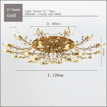 Gold leaf crystal ceiling chandelier led with eight G4 LED bulbs and crystal accents for living room decorbites decor