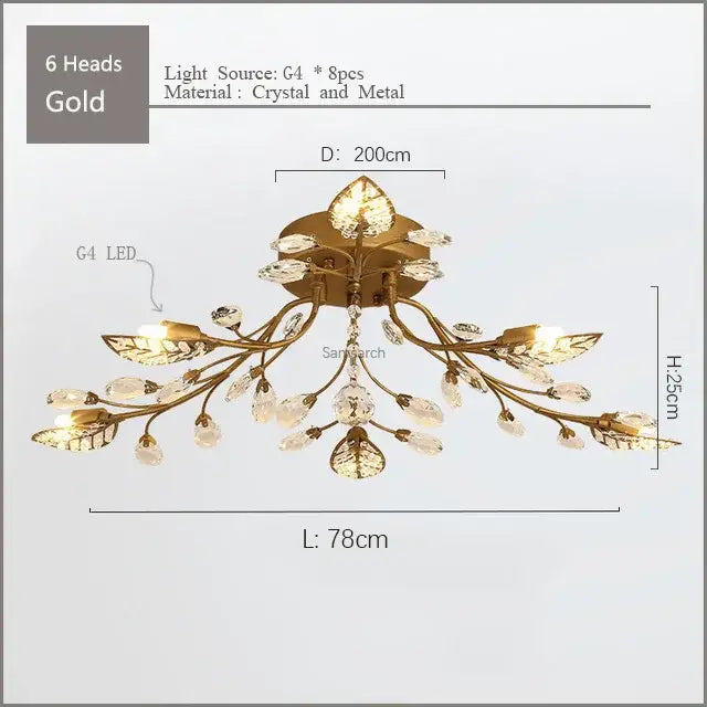 Gold leaf crystal ceiling chandelier led with six g4 led bulbs and crystal accents for living room decorbites crystal ceiling