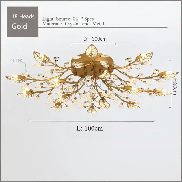 Gold leaf crystal ceiling chandelier led with eight g4 led bulbs and crystal accents for living room decorbites crystal ceiling