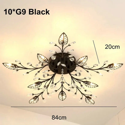 Black metal decorbites crystal ceiling light fixture with gold leaf design and 10 g9 bulbs for living room chandelier