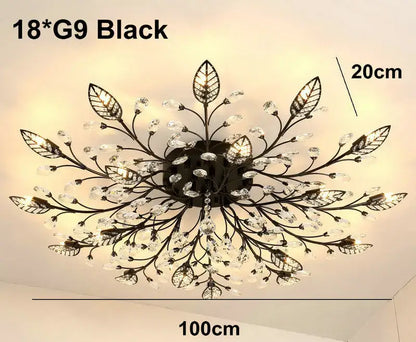 Black metal decorbites crystal ceiling chandelier with intricate gold leaf design and clear crystal droplets for living room