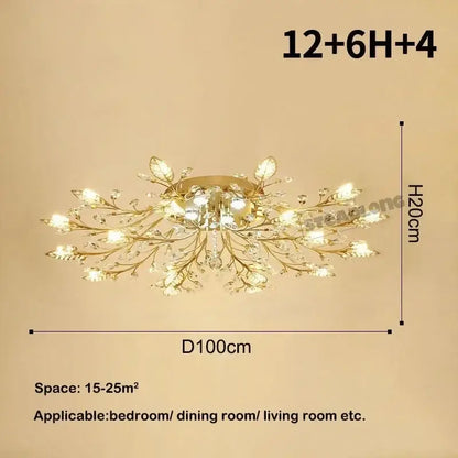 Gold-toned decorbites crystal ceiling light fixture with intricate leaf and crystal designs for living room chandelier