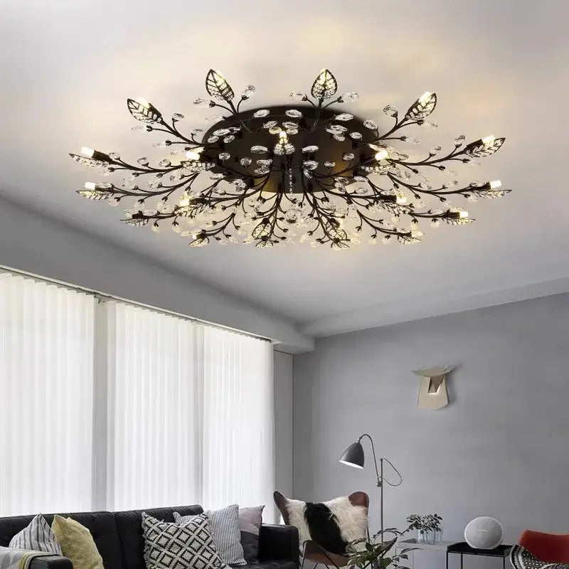 Black wrought iron decorbites crystal ceiling chandelier with gold leaf design and crystal accents for living room lighting