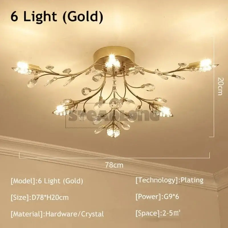 Gold-plated decorbites crystal ceiling chandelier with six lights and crystal droplets for living room lighting