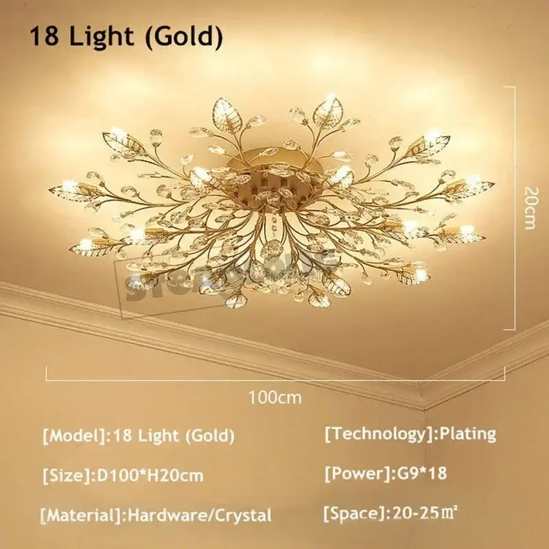 Gold-plated decorbites crystal ceiling chandelier with intricate leaf and crystal designs for living room light