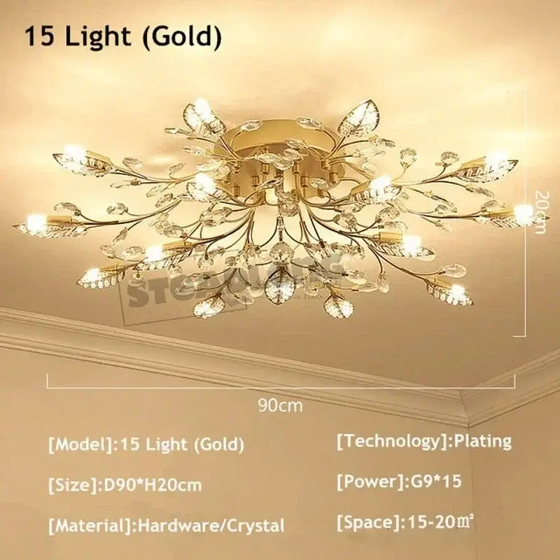Gold-plated decorbites crystal ceiling chandelier with intricate leaf and crystal designs for living room lighting