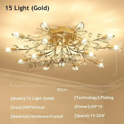 Gold-plated decorbites crystal ceiling chandelier with intricate leaf and crystal designs for living room lighting