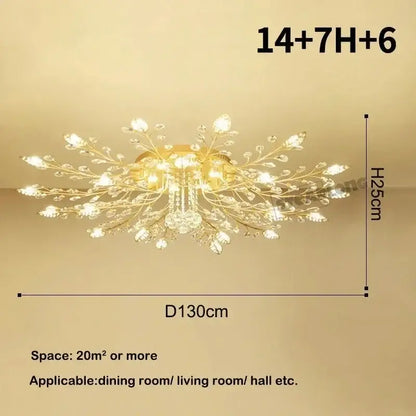 Gold-toned decorbites crystal ceiling chandelier with branching arms and dangling faceted crystals for living room light