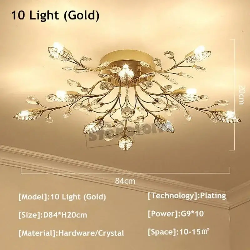 Gold-plated decorbites crystal ceiling chandelier with ten illuminated crystal leaves and branches for living room light