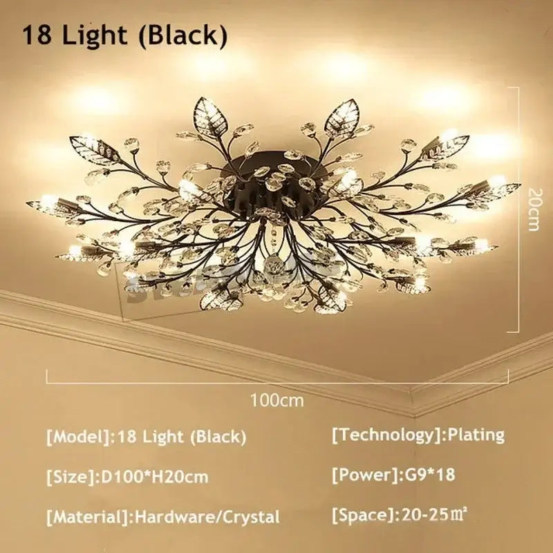 Black metal decorbites crystal ceiling chandelier with 18 lights featuring gold crystal leaves and blossoms for living room