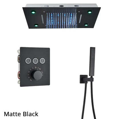 Matte black rectangular rainfall waterfall head with integrated led lighting and multiple spray nozzles for bathtub mixer tap system