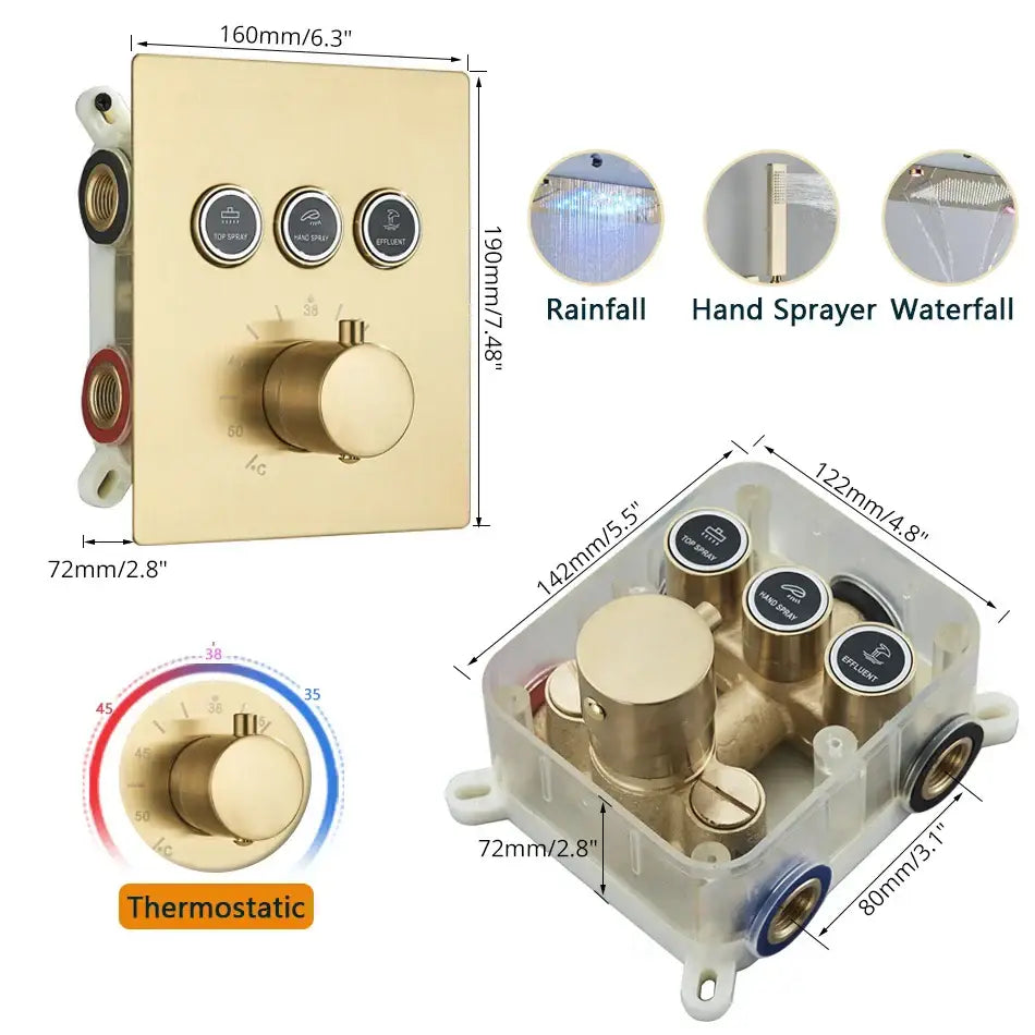 Gold finished thermostatic shower control panel with three buttons and dial for rainfall waterfall head and bathtub mixer tap system