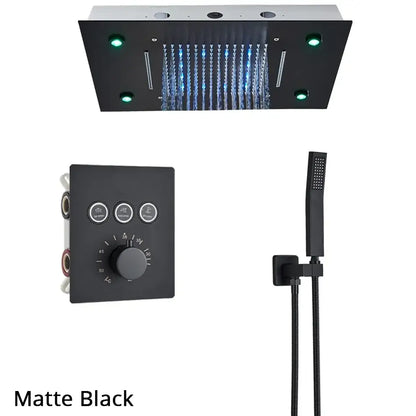 Matte black rectangular rainfall waterfall head with green led lights and multiple jets for bathtub mixer tap system