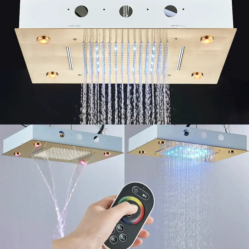Modern gold-toned rainfall waterfall head with integrated led lighting and multiple spray settings and bathtub mixer tap