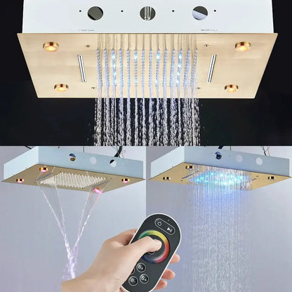Modern gold-toned rainfall waterfall head with integrated led lighting and multiple spray settings and bathtub mixer tap