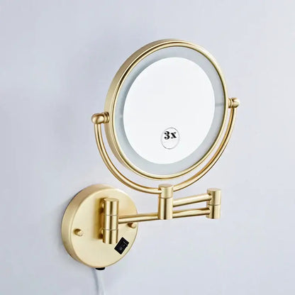 Gold led wall mounted folding square makeup mirror with 3x magnifying and adjustable arms for decorbites gold led use