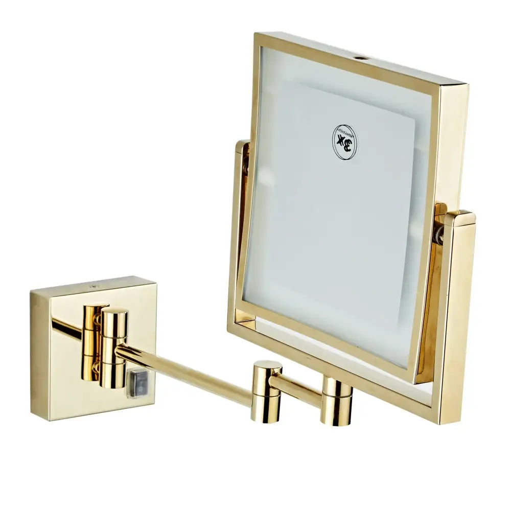 Gold led wall mounted folding square makeup mirror with 3x magnifying gold finish and articulated arms by decorbites gold led