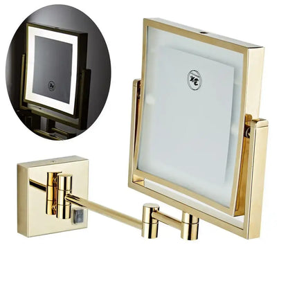 Gold led wall mounted folding square makeup mirror with 3x magnifying and adjustable arms by decorbites gold led