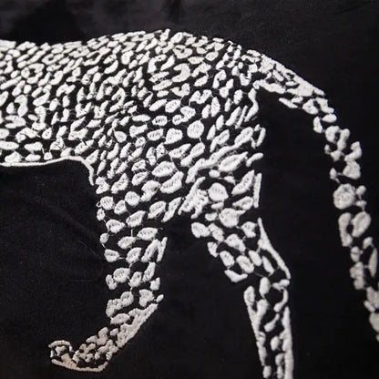 Black velvet pillow cover featuring intricate white embroidered gold leopard decorbites gold leopard design for living room decor