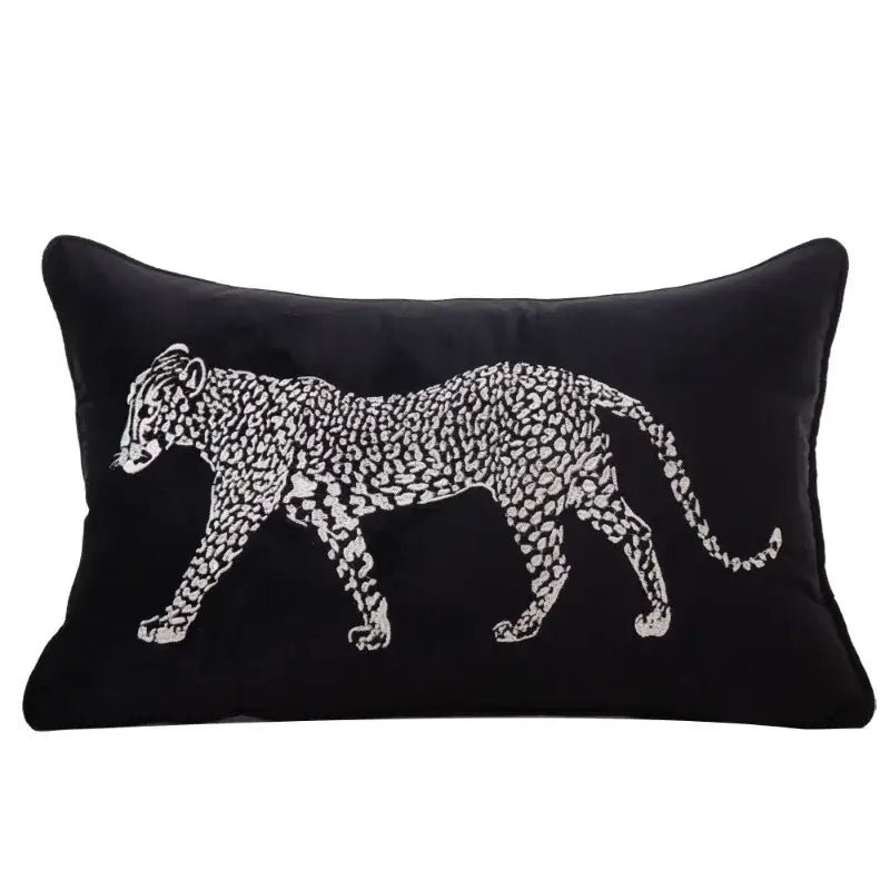 Black velvet rectangular pillow cover with gold leopard embroidered white walking leopard for decorbites gold leopard decor