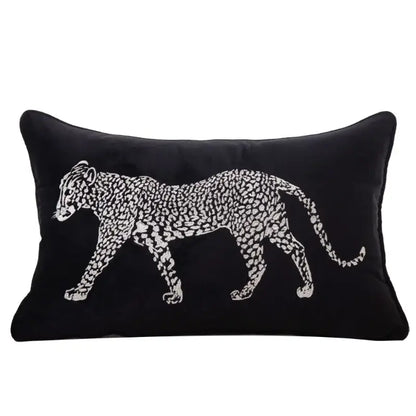 Black velvet rectangular pillow cover with gold leopard embroidered white walking leopard for decorbites gold leopard decor