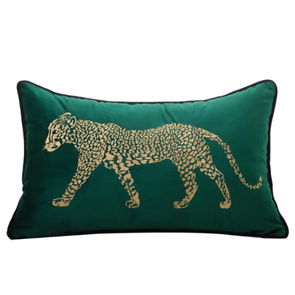 Emerald green velvet rectangular pillow cover with gold leopard embroidered design and black piping trim decorbites gold leopard
