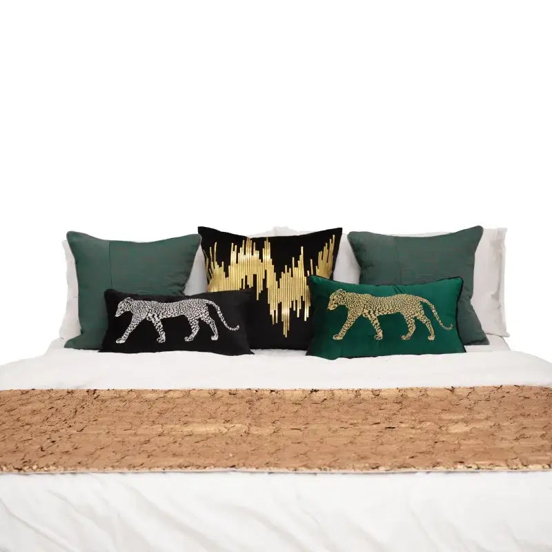 Set of five gold leopard embroidered velvet pillow covers in silver gold and green for living room decorbites decor