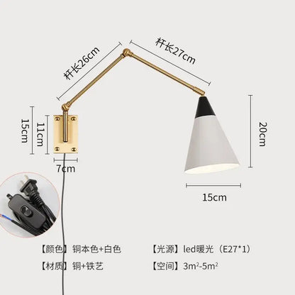 A sleek decorbites gold lustre brass swing arm wall lamp with white conical shade and led bulb for bedroom decor