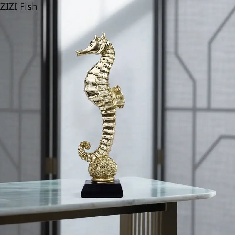 Golden seahorse mermaid statue resin sculpture with intricate detailing and ornate textured base for living room decor