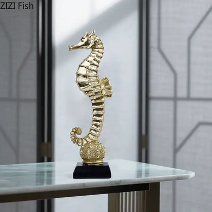 Golden seahorse mermaid statue resin sculpture with intricate detailing and ornate textured base for living room decor