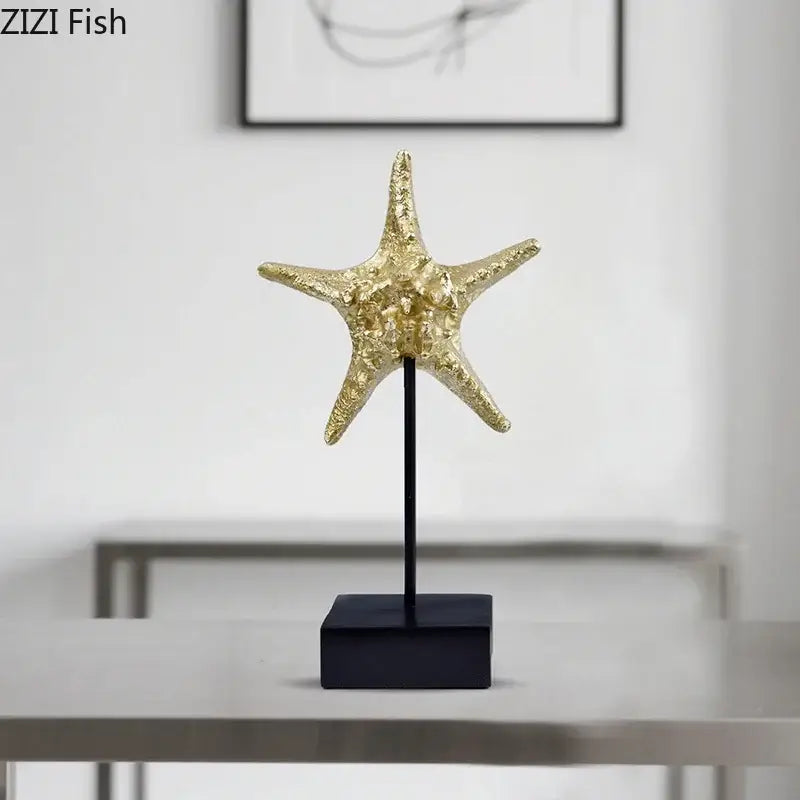Golden starfish gold mermaid statue resin sculpture with textured surface on black stand for living room decor