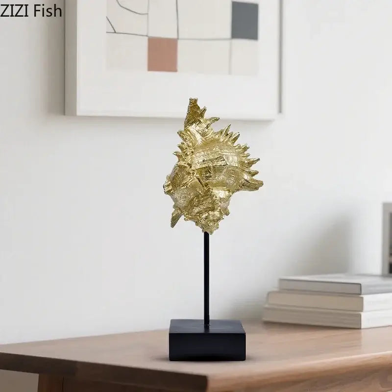 Golden intricately detailed mermaid statue resin seashell sculpture on sleek black stand for living room decor