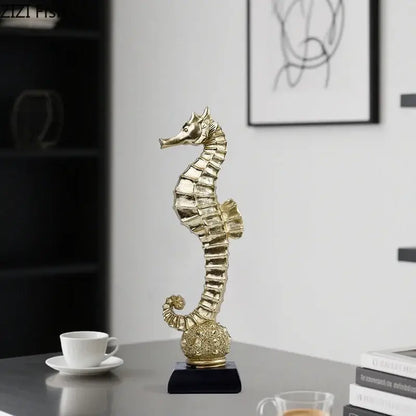 Golden seahorse figurine with intricate segmented detailing and textured base in gold mermaid statue resin sculpture for living room
