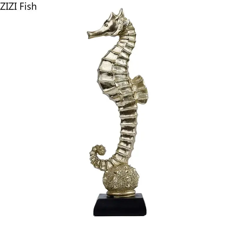 Golden mermaid statue resin sculpture featuring a detailed ridged seahorse on a textured spherical base with black pedestal