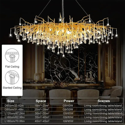 Gold nordic crystal chandelier with a golden branch design and dangling crystal droplets for elegant dining room decorbites gold nordic