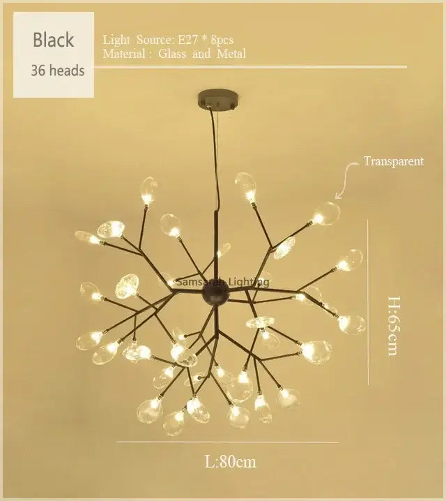 Black nordic firefly led chandelier with 36 transparent glass light heads and metal frame for dining room decorbites firefly led