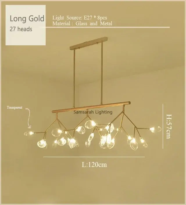 Gold nordic firefly led chandelier with 27 clear glass globes on a sleek metal frame for dining room decorbites nordic firefly