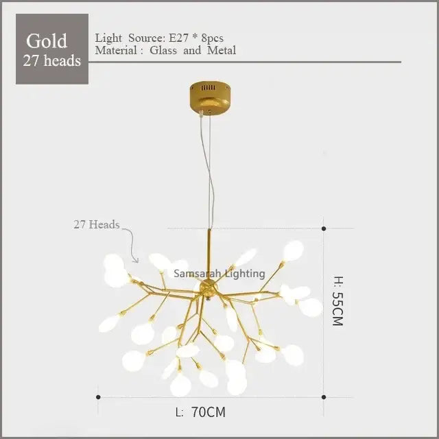 Gold nordic firefly led chandelier with 27 glass and metal light heads in a branching design for dining room decorbites nordic firefly
