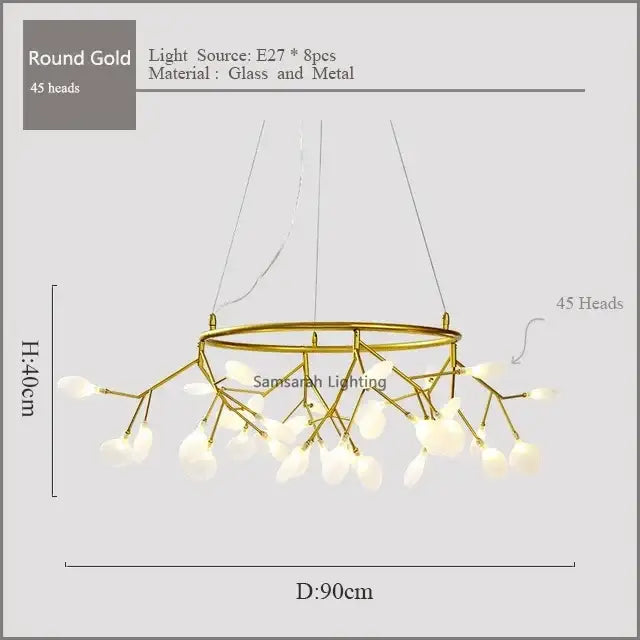 Gold nordic firefly led chandelier with 45 frosted glass lights in a gold-toned tree-like design for dining room decor