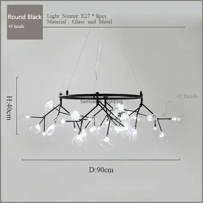 Black round decorbites nordic firefly led chandelier with 45 glass and metal light heads for dining room decor