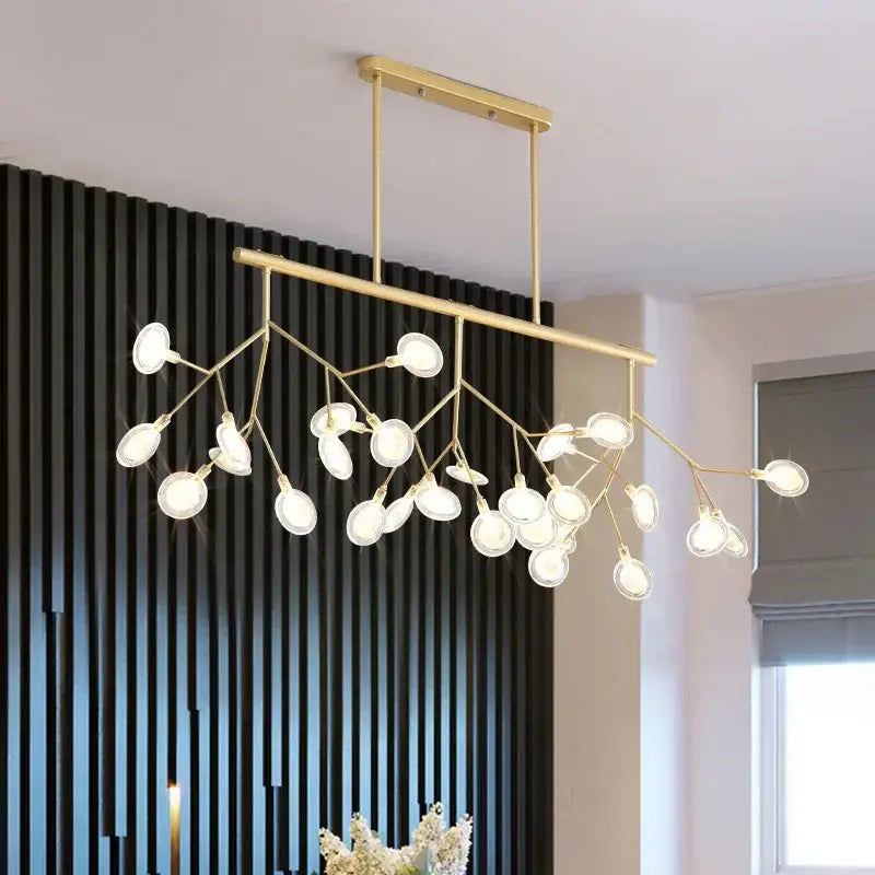 Gold-toned nordic firefly led chandelier with branching arms and frosted glass shades for dining room decorbites nordic firefly