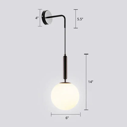 Modern black metal light fixture with frosted opal glass spherical wall globe for bedroom lighting