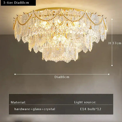 Luxurious three-tier gold pearl pendant chandelier with intricate glass and hardware detailing for living room decorbites gold pearl